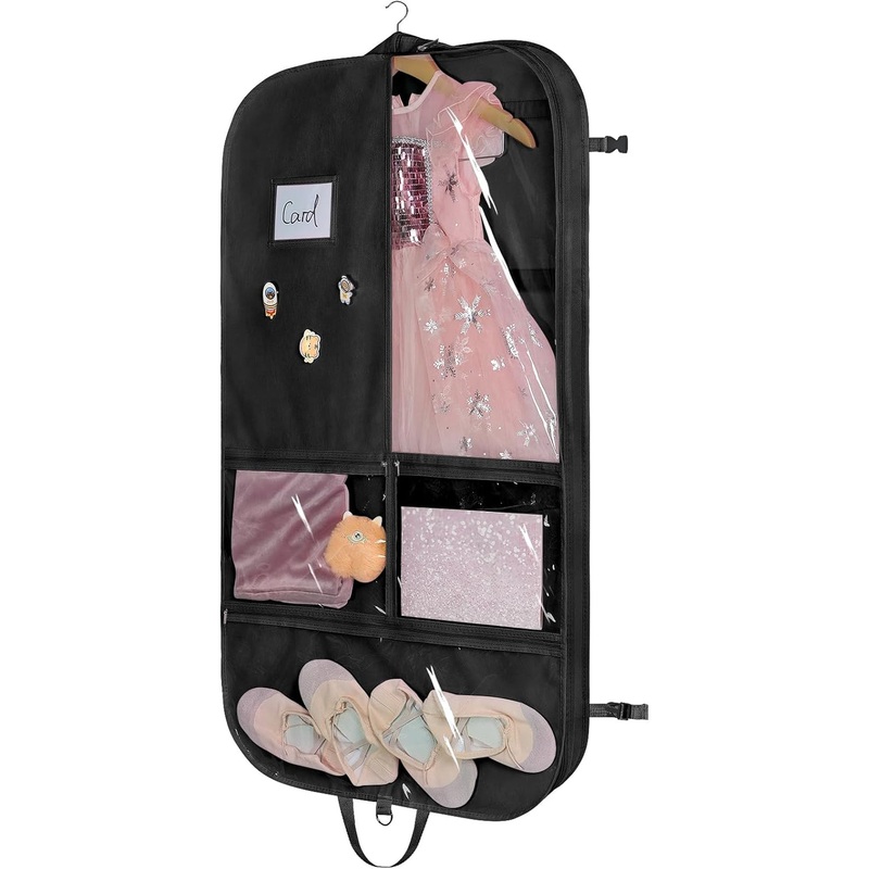 Univivi Black Dance Costume Bags Garment Bag 40 Inch for Dance Competitions, 3 Medium Clear Zipper Pockets and 2 Back Zippered Pocket, with 1 Xpendant, 3 X Badge