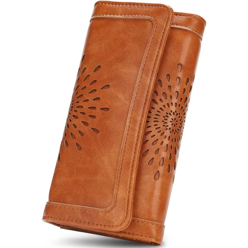 Womens Leather Clutch, Hollow Out Design Trifold Wallet