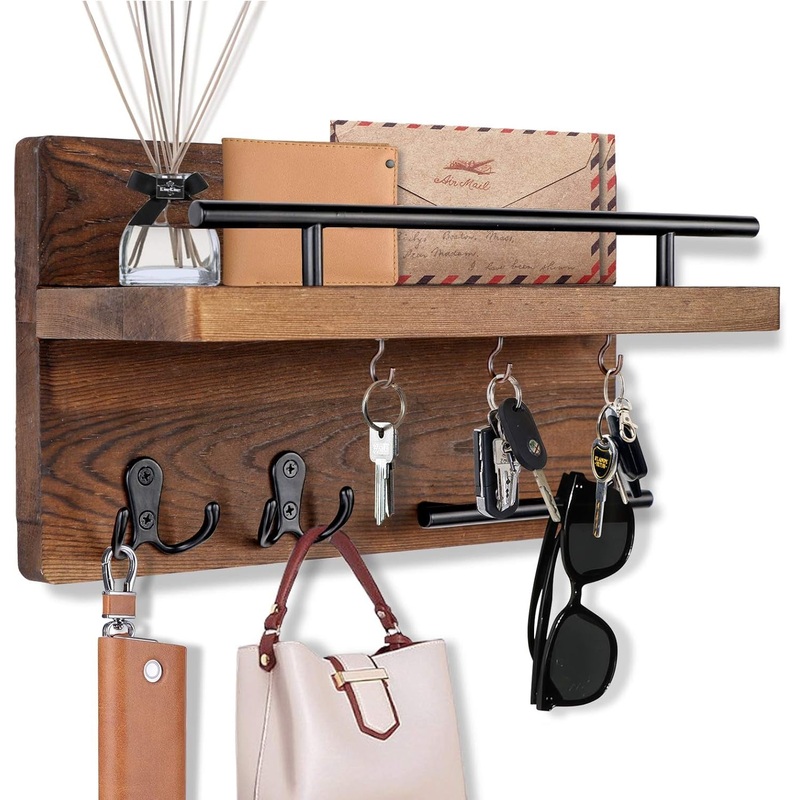 Wooden Wall Decorative Key Holder with 5 Key Hook for Entryway Hallway Office, Brown