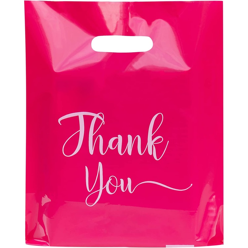 100-Pack Plastic Shopping Bags with Handle for Small Business & Retail Boutique, Pink
