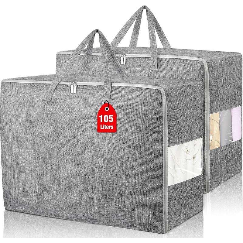 105L Moving Storage Bags with Zipper, Clear Window & Reinforced Handles, Grey, 2 Pack