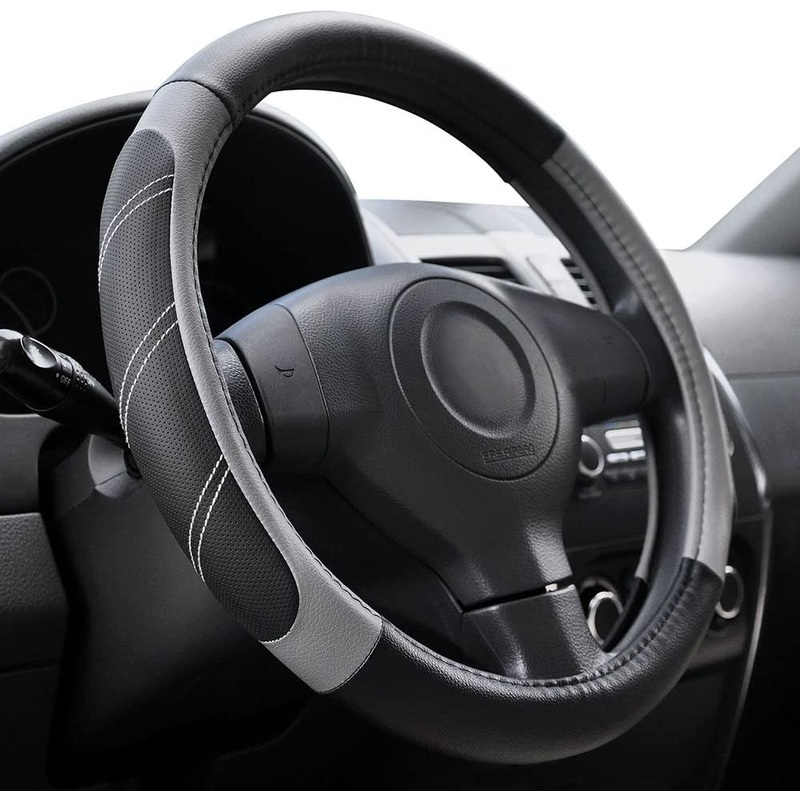 14.5-15 inch Sport Leather Steering Wheel Cover with Padded Grip, Universal, Black and Gray