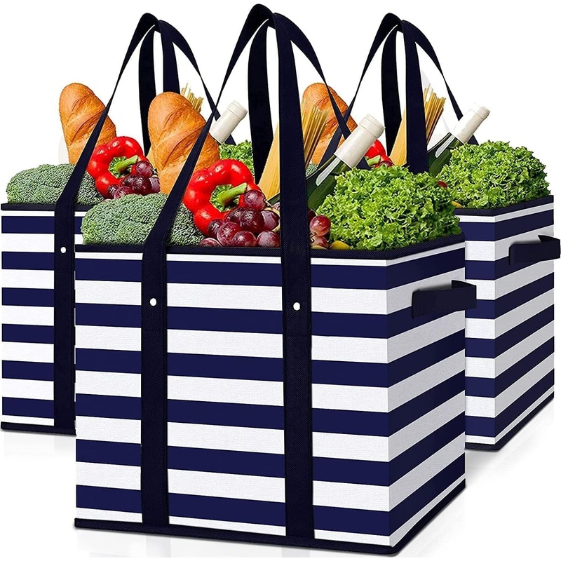 3 Pack Heavy Duty Shopping Bags, Waterproof Collapsible Grocery Tote Bags with Dual Handles