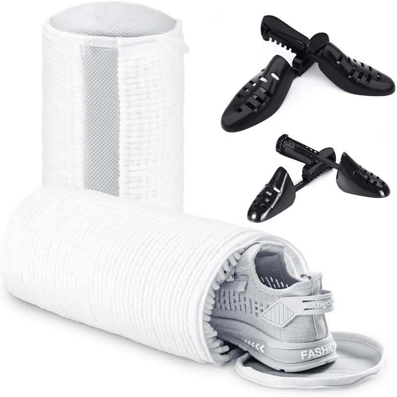 360 Cleaning Microfiber Shoe Washing Bag with 2 Adjustable Shoe Trees & Hidden Zipper, White