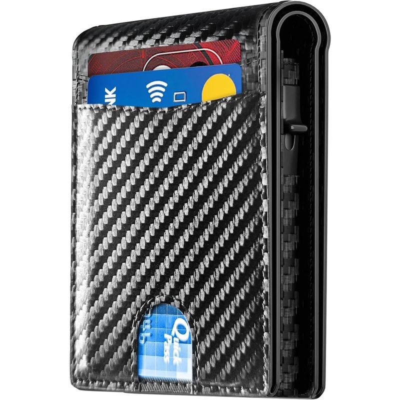 Bifold Aluminum Card Holder for Men, Pop Up Wallet with Cash Slot & ID Window, Carbon Fiber