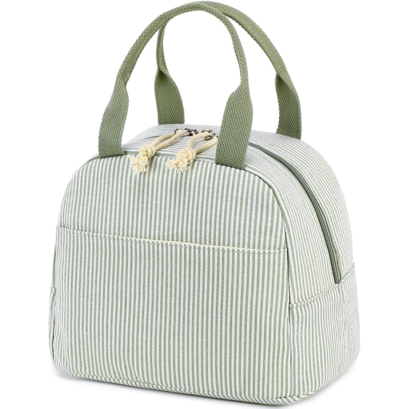 Corduroy Insulated Lunch Bags, Large Capacity Cooler Tote Bags, Stripes Green