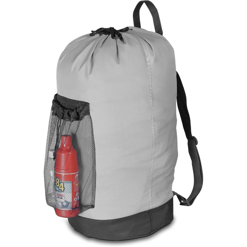 Drawstring Nylon Laundry Backpack with Adjustable Straps and Mesh Pocket, Grey