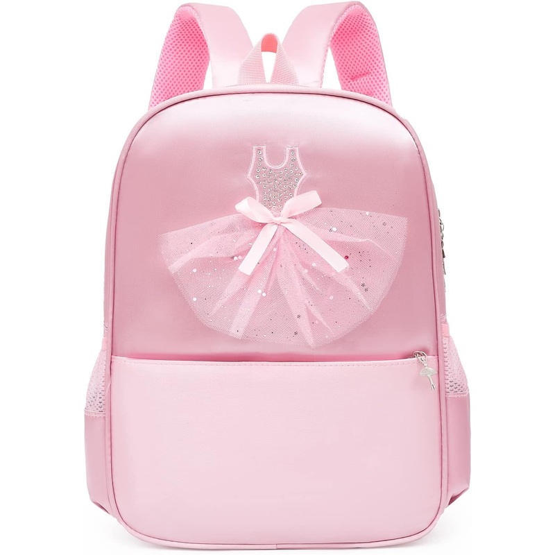 Girls Cute Ballet Dance Backpack with Key Chain & Bow Decoration, Pink
