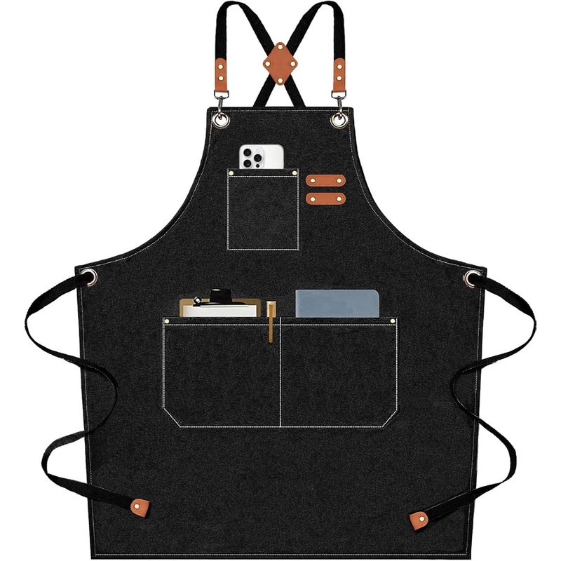 Heavy Duty Chef Aprons with 3 Pockets, Cotton Canvas Cross Back Work Apron, Black