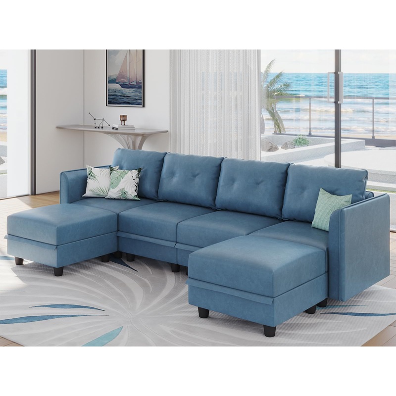 LLappuil Modular Faux Leather Sectional Sofa with Storage, 111.8" Width, 6 Seat - Navy Blue