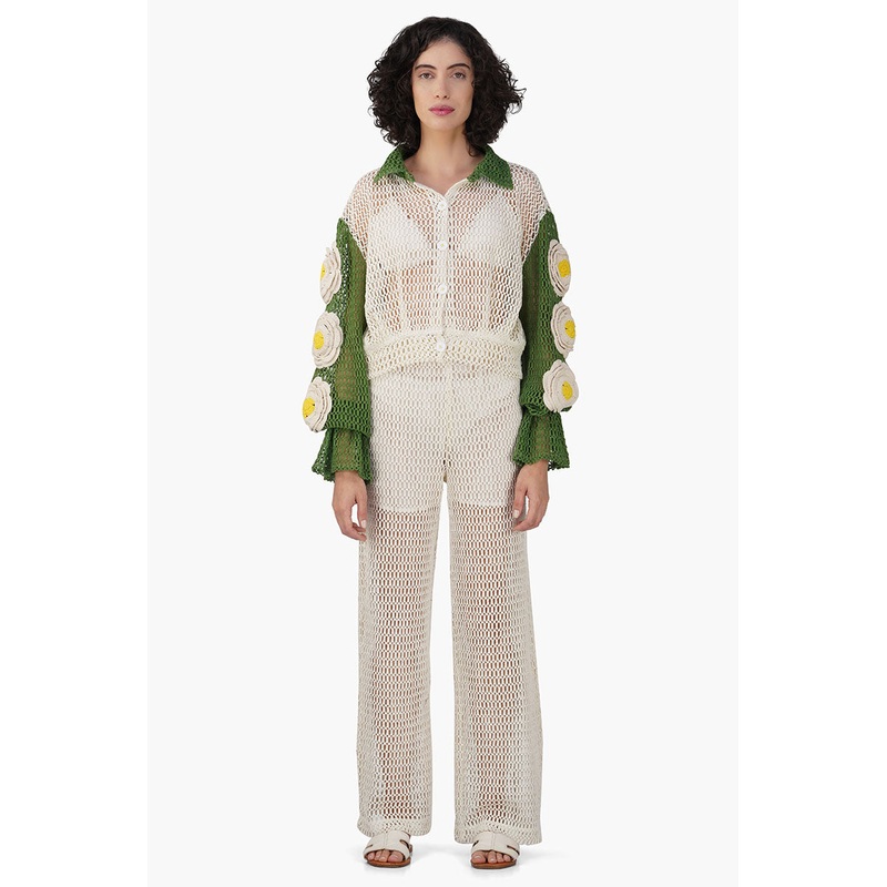 French Acru-Green Floral Crochet Patch Crop Baggy Top