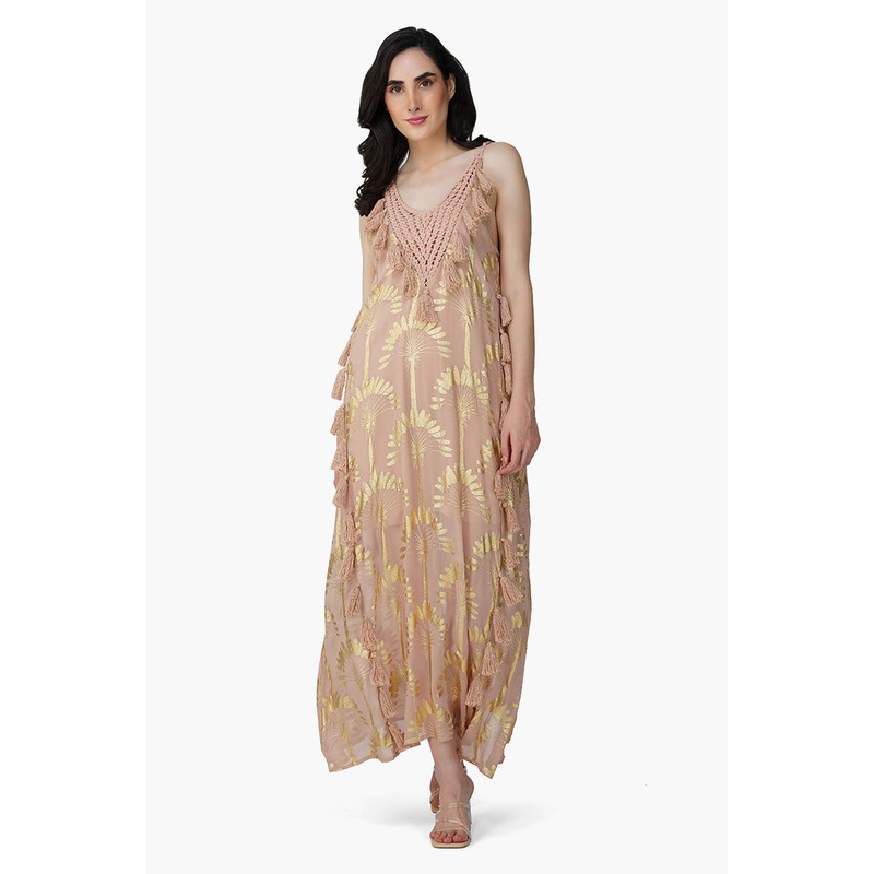 Golden Taupe Foil Printed Strap Maxi Dress