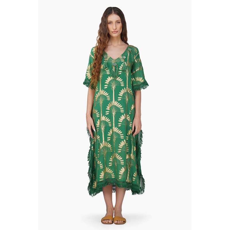 Pine Green Palm Foil Tassel Kaftan