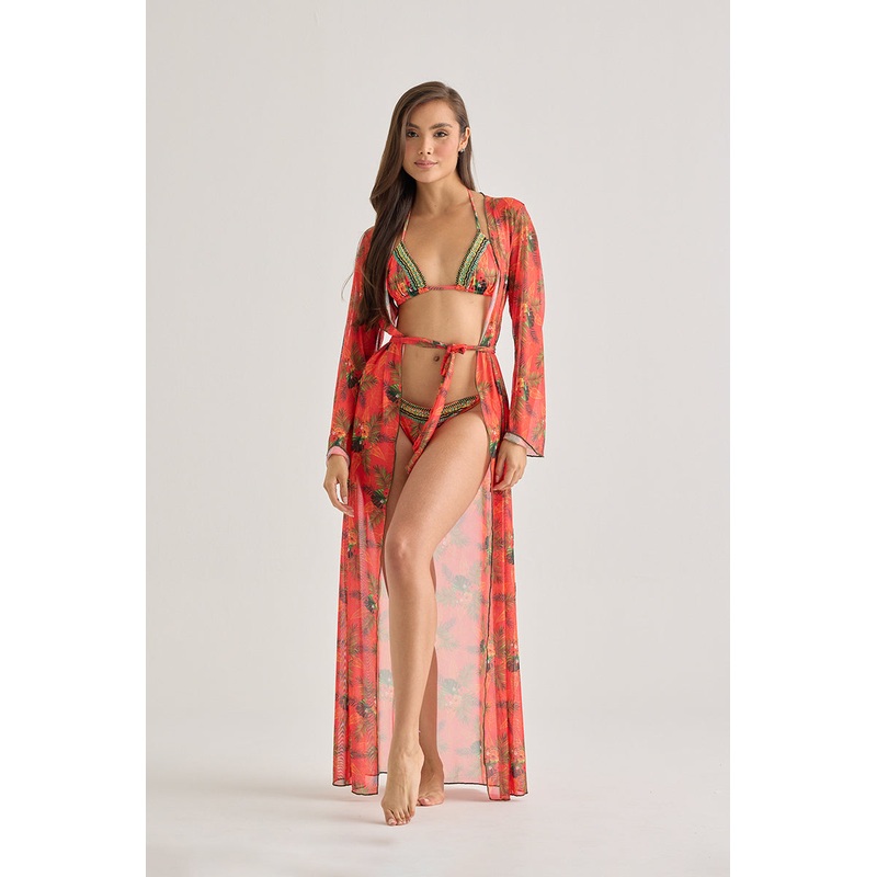 Red Tropical Sheer Kimono  Lightweight Long Beach Cover-Up