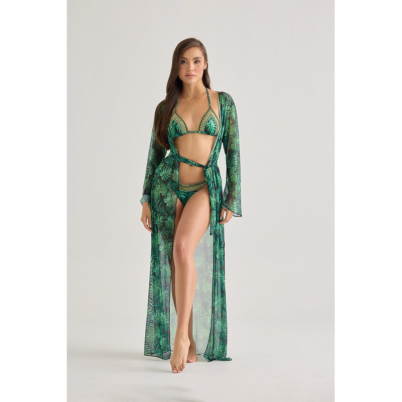 Tropical Leaf Sheer Kimono  Lightweight Beach Cover-Up