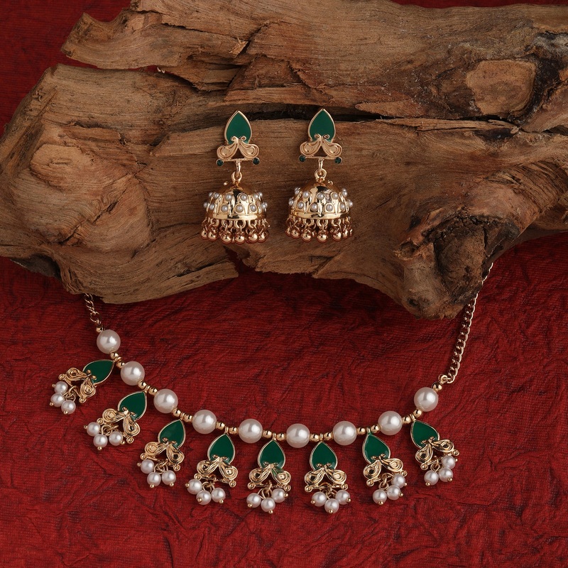 Accessorize London Women's Green Enamel Gold Jewelry Set
