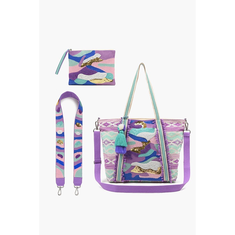 Embellished Tote, Crossbody and LG Pouch Bundle-Lilac Camo