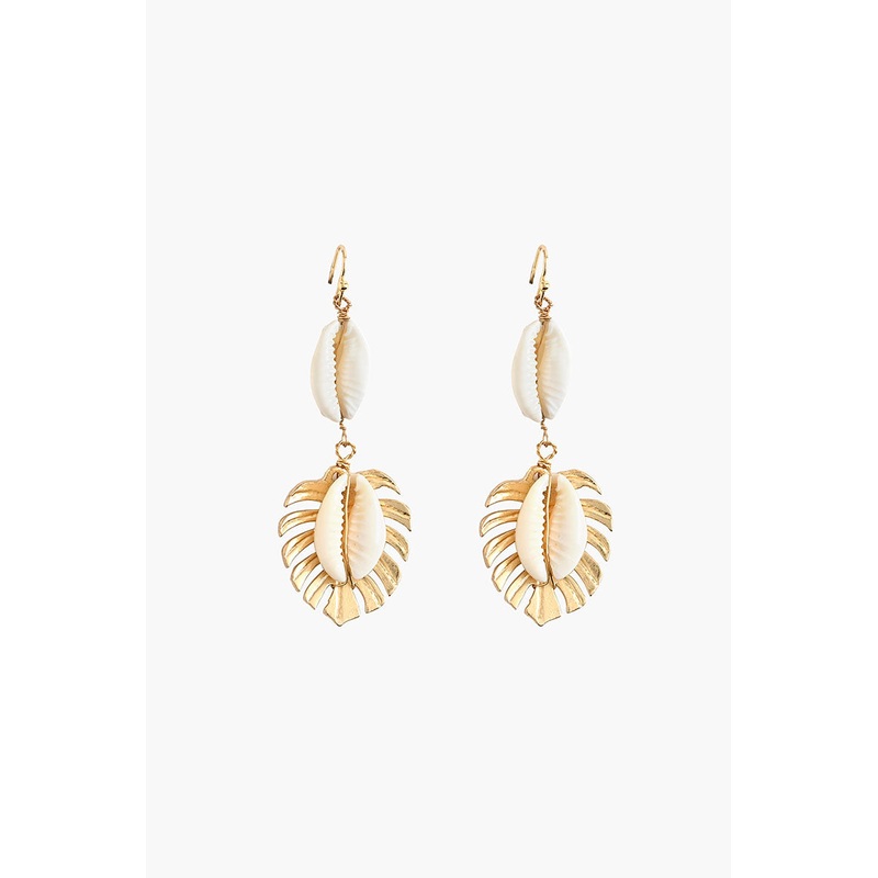 Gold and Shell Drop Earrings with Leaf Design