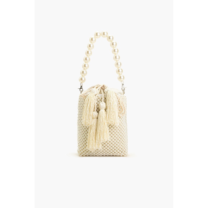 Pearl White Beaded Top Handle Bag