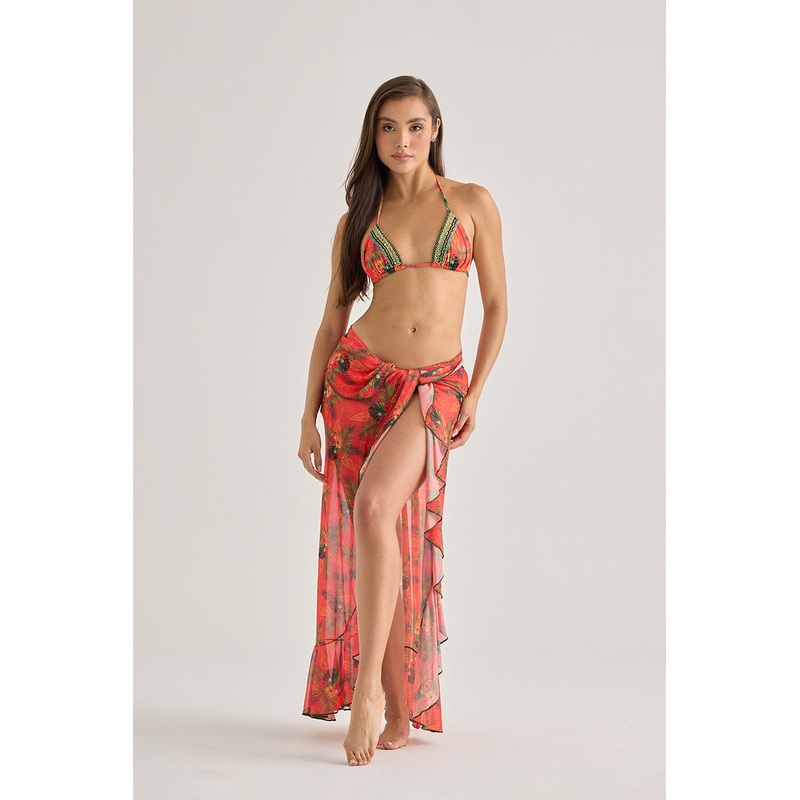 Red Tropical Mesh Long Skirt  Flowy & Sheer Beach Cover-Up