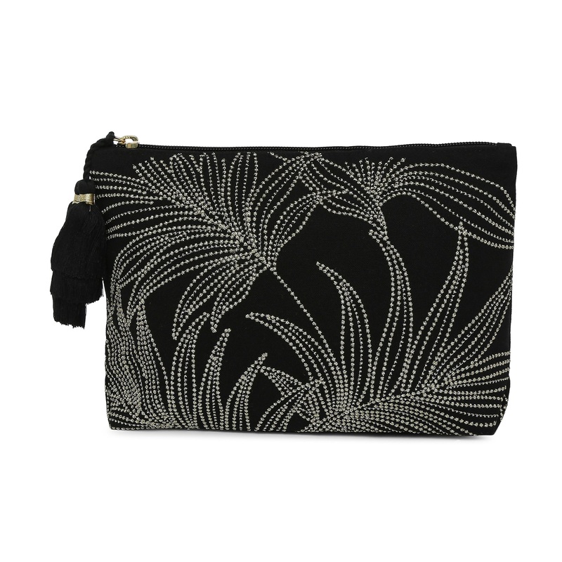 Accessorize London Women's Cotton Black Leaf Print Cosmetic Pouch