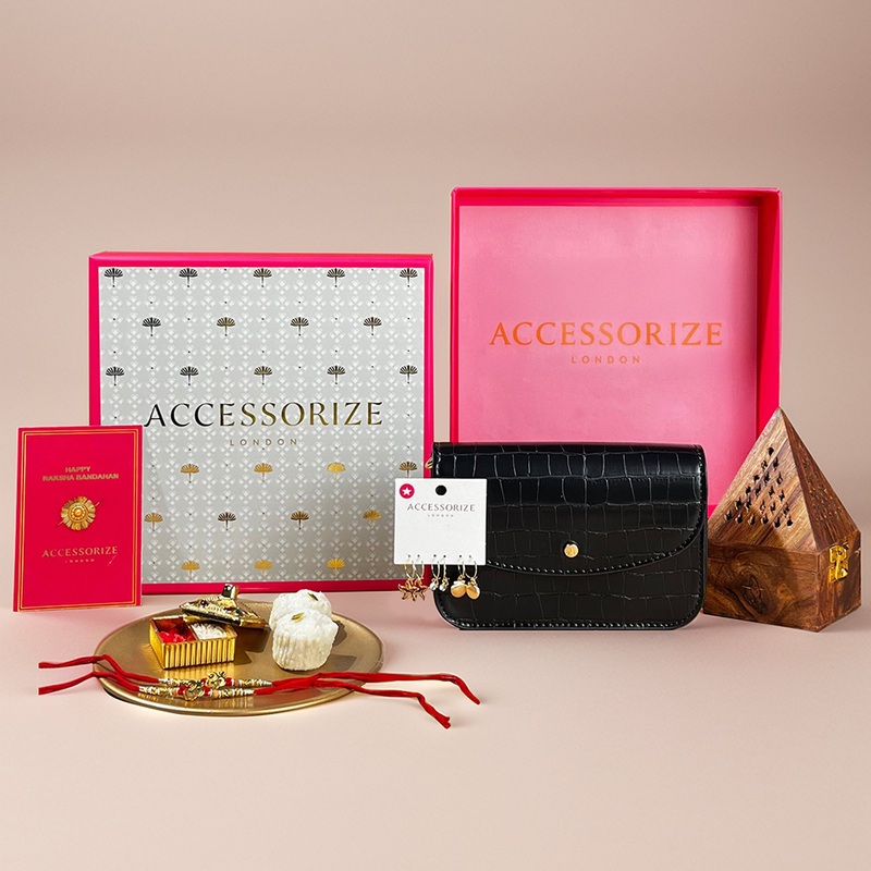 Black Croc-Textured Sling Bag & Set of 3 Gold Hoop Earrings Combo (Rakhi Gift Hamper Box)