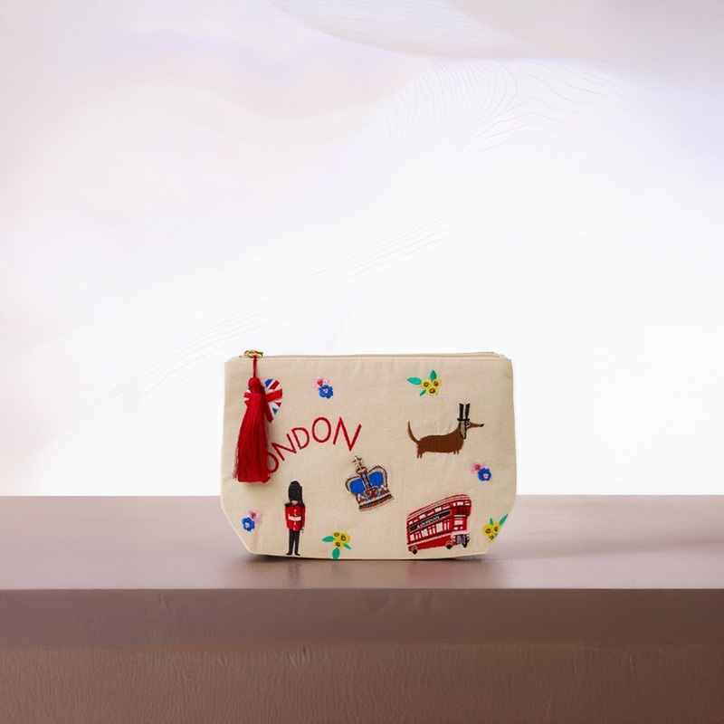 Cream Embroidered London Make Up Bag