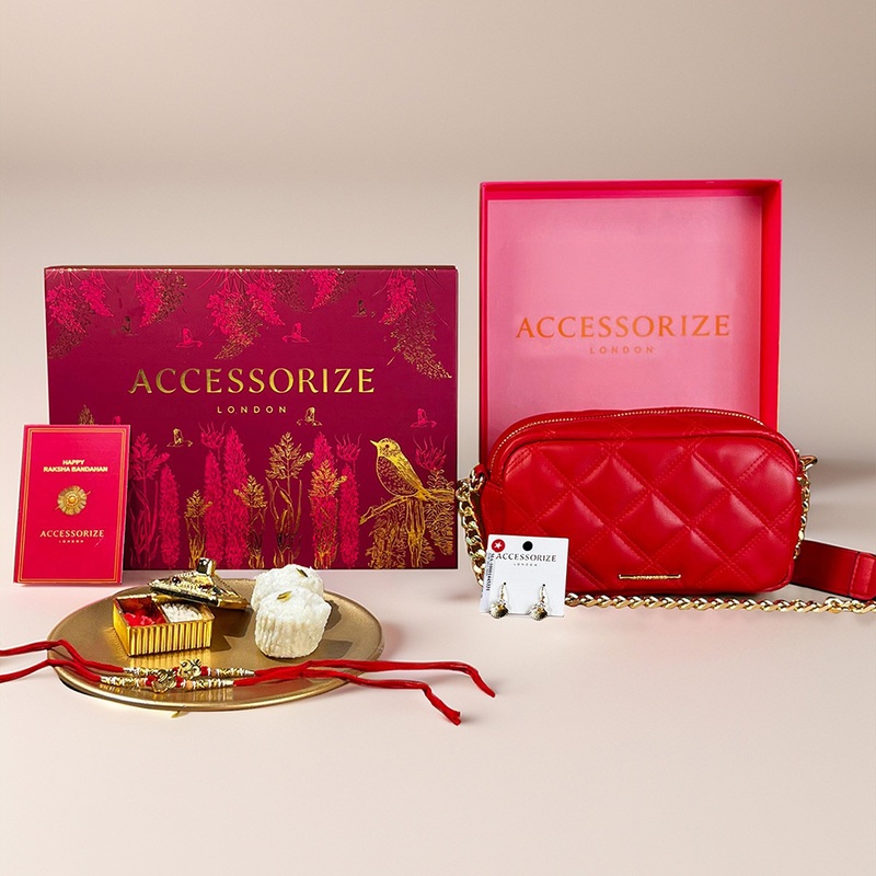 Red Quilted Sling Bag & a Gold Earring Combo Set  (Rakhi Gift Hamper Box)
