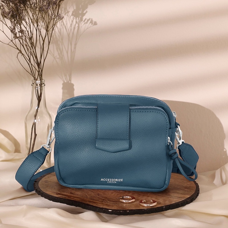 Accessorize London Women's Blue Wide Strap Functional Sling Bag