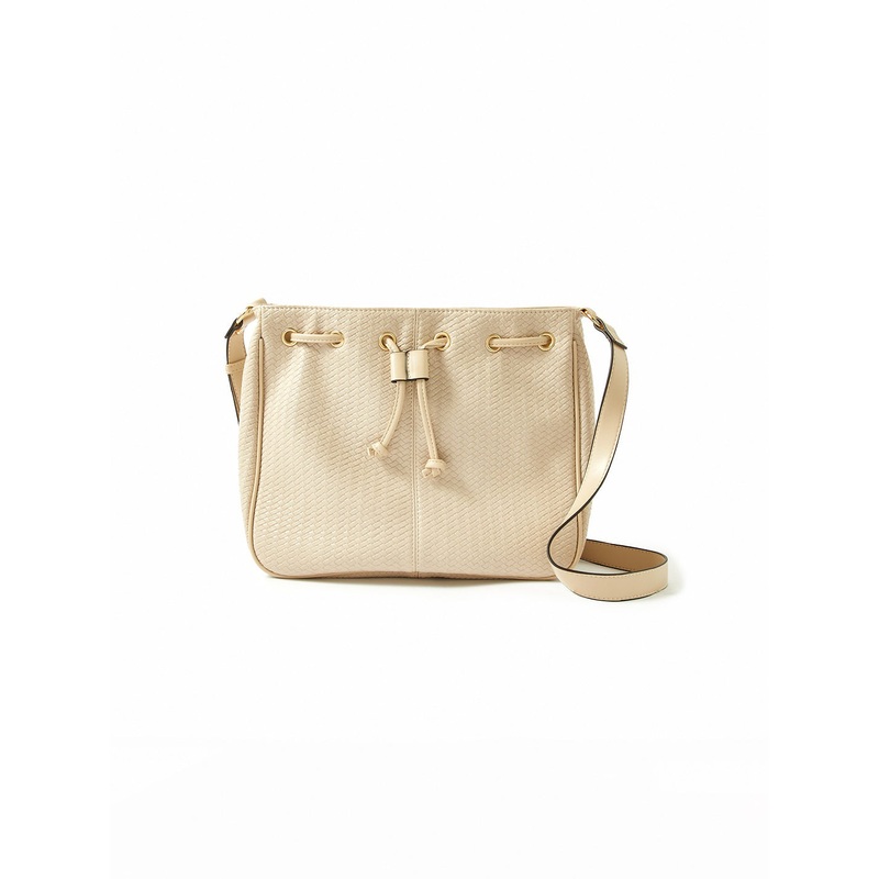 Accessorize London women's Faux Leather Cream Drawstring Weave Sling bag