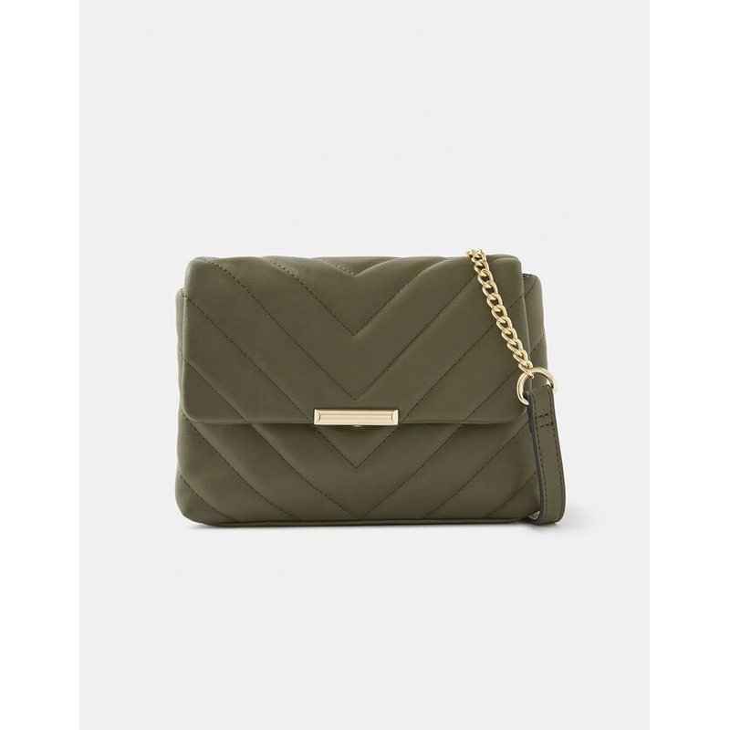 Accessorize London Women's Mia Khaki Green Quilted Sling Bag