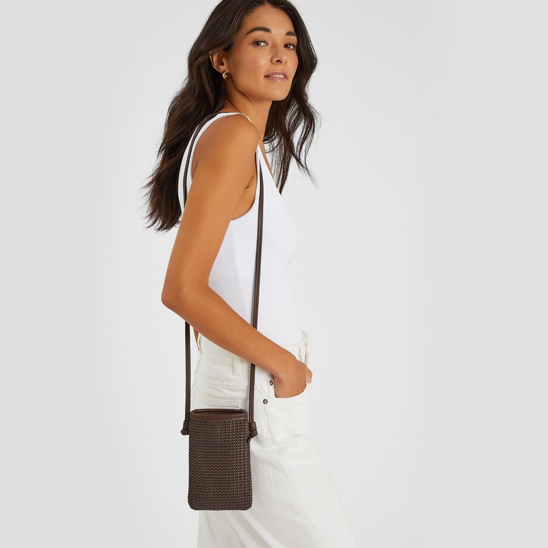 Chocolate Brown Woven Crossbody Phone Bag