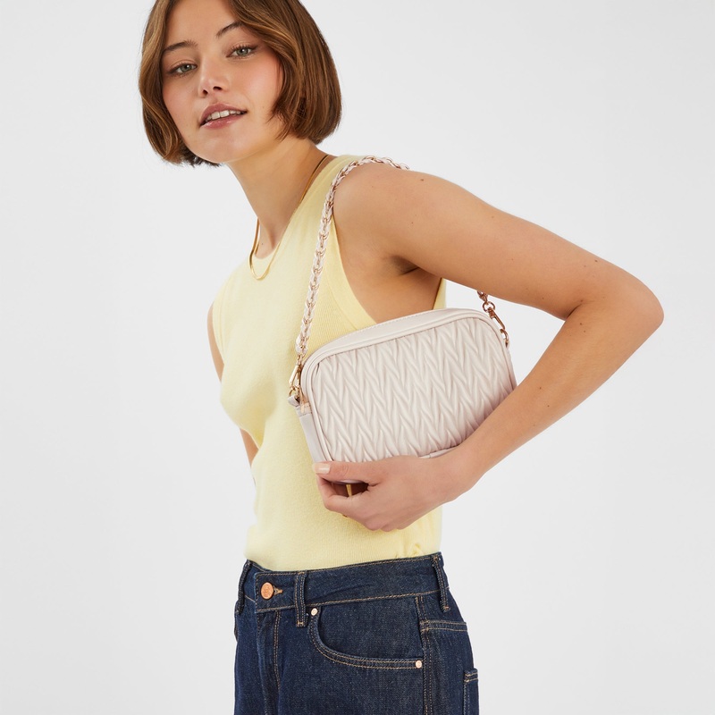 Cream Chain Strap Quilted Camera Sling Bag