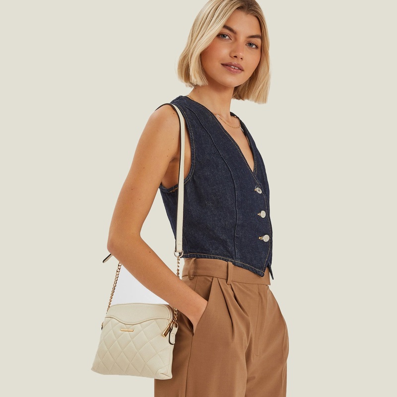 Cream Quilted Faux Leather Sling Bag