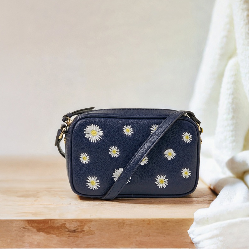 Navy Blue Daisy Faux Leather Sling Bag