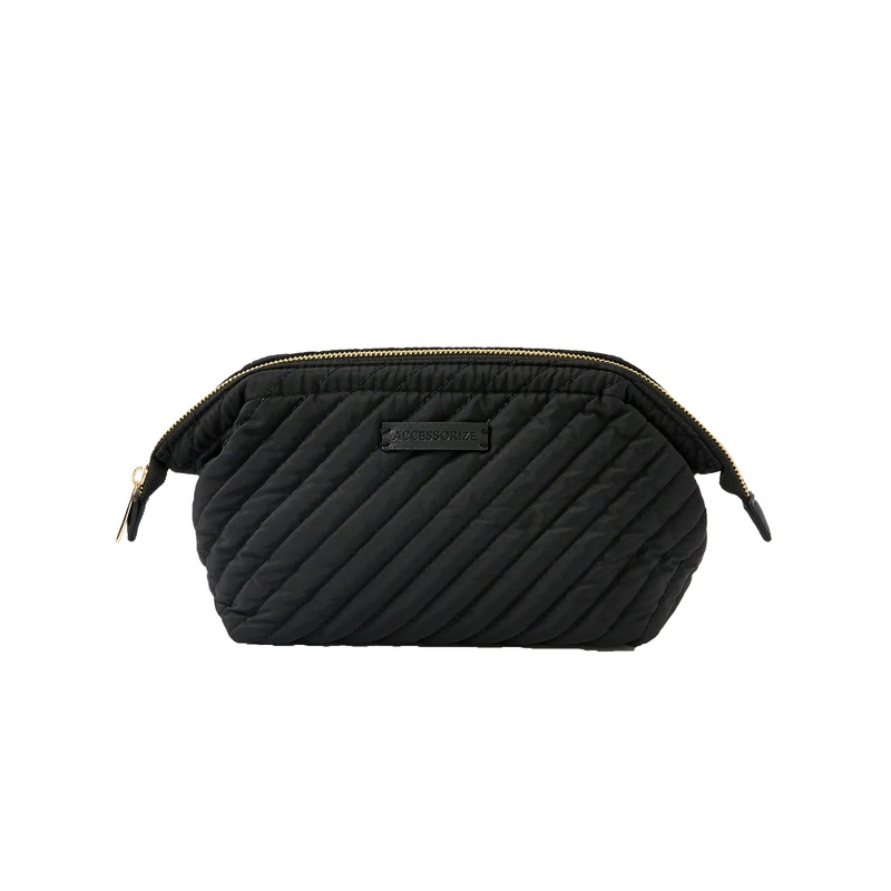 Accessorize London Women's Faux Leather Black Quilted Wash Bag