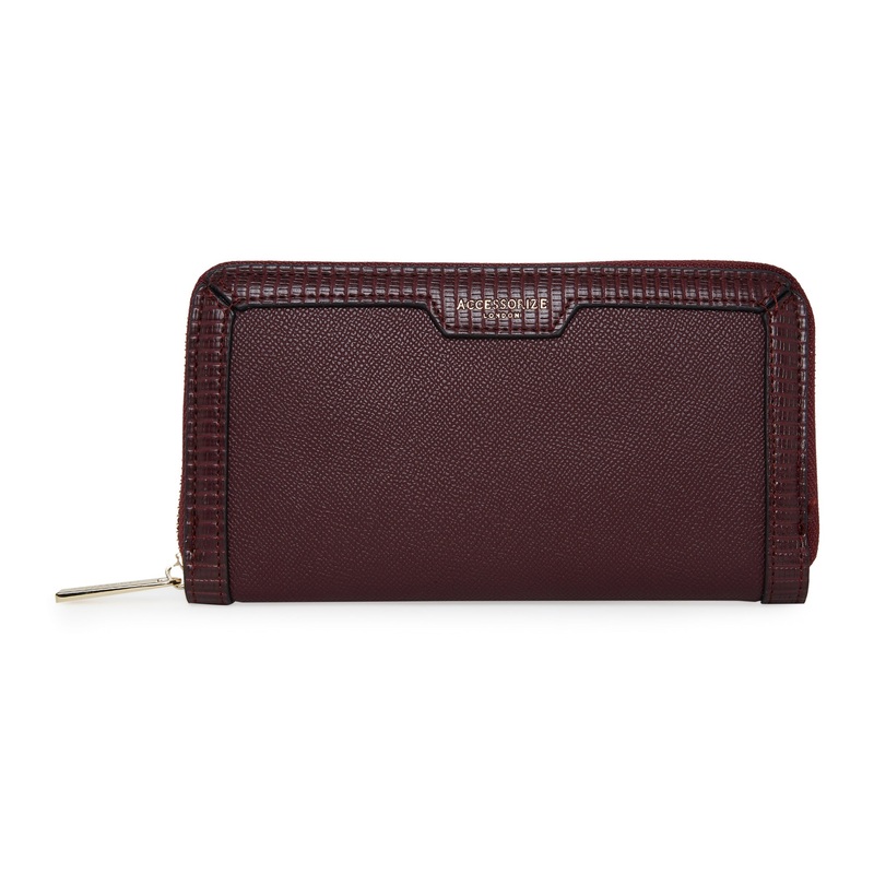 Accessorize London Women'S Faux Leather Burgundy Large Trim Zip Around Wallet