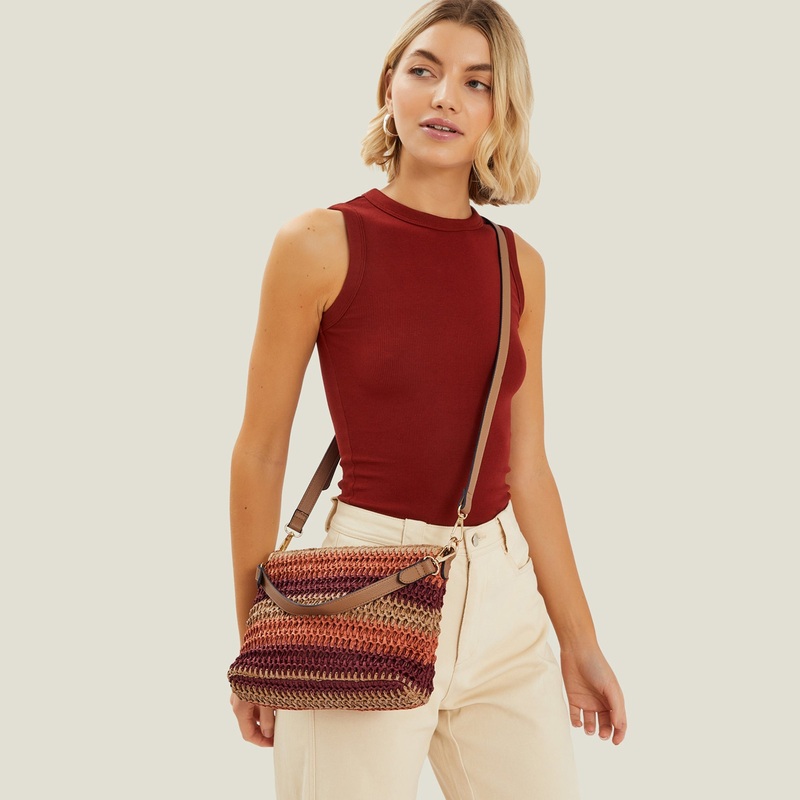 Brown Stripe Raffia Sling Bag