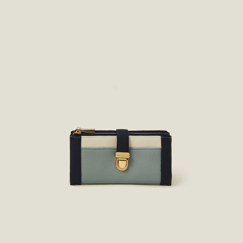 Color Block Push Lock Faux Leather Wallet