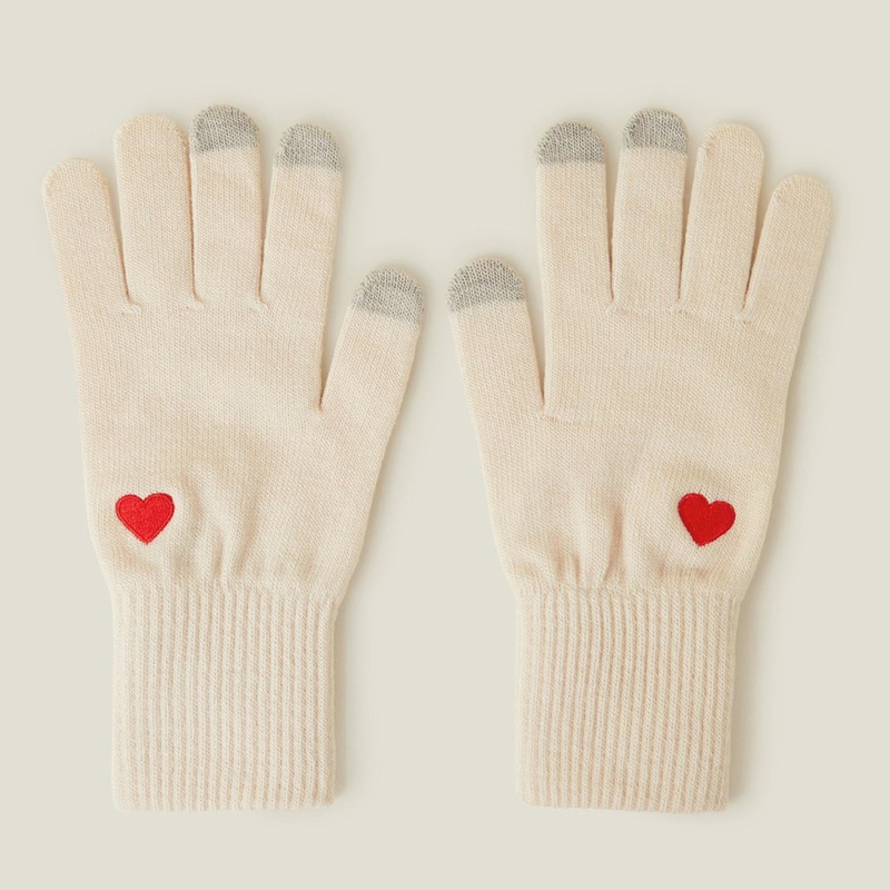 Touchscreen Heart Embroidered Knit Gloves Natural