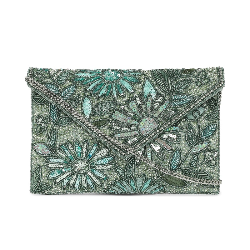 Accessorize London Women's Beaded Green Tara Clutch Party Bag