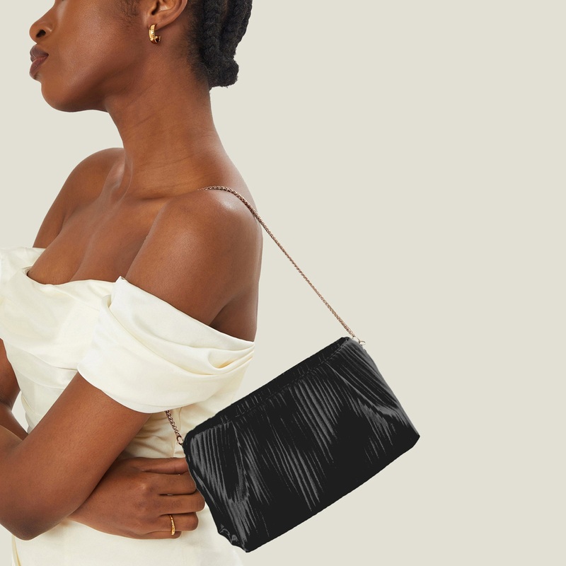 Black Pleated Satin Clutch Bag