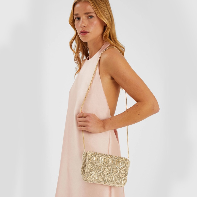Gold Embellished Fold Over Clutch Bag