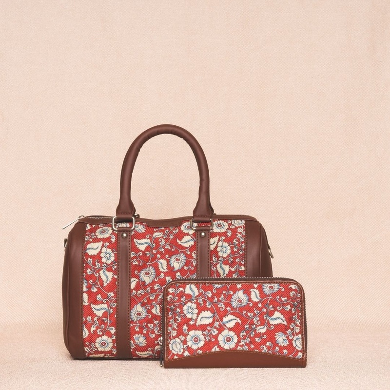 Chittoor Red Kalamkari- Handbag & Chain Wallet Combo