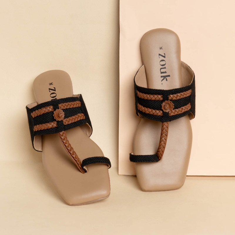 Jet Black Braided Kolhapuri Chappal