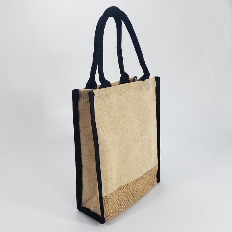 60 ct Small Jute Blend Tote Bags with Full Gusset and Burlap Accents - By Case